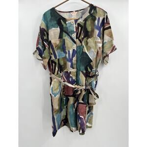Gorman Linen Playsuit Sz AU10/US 6 Watercolor Print Short Sleeves Belted